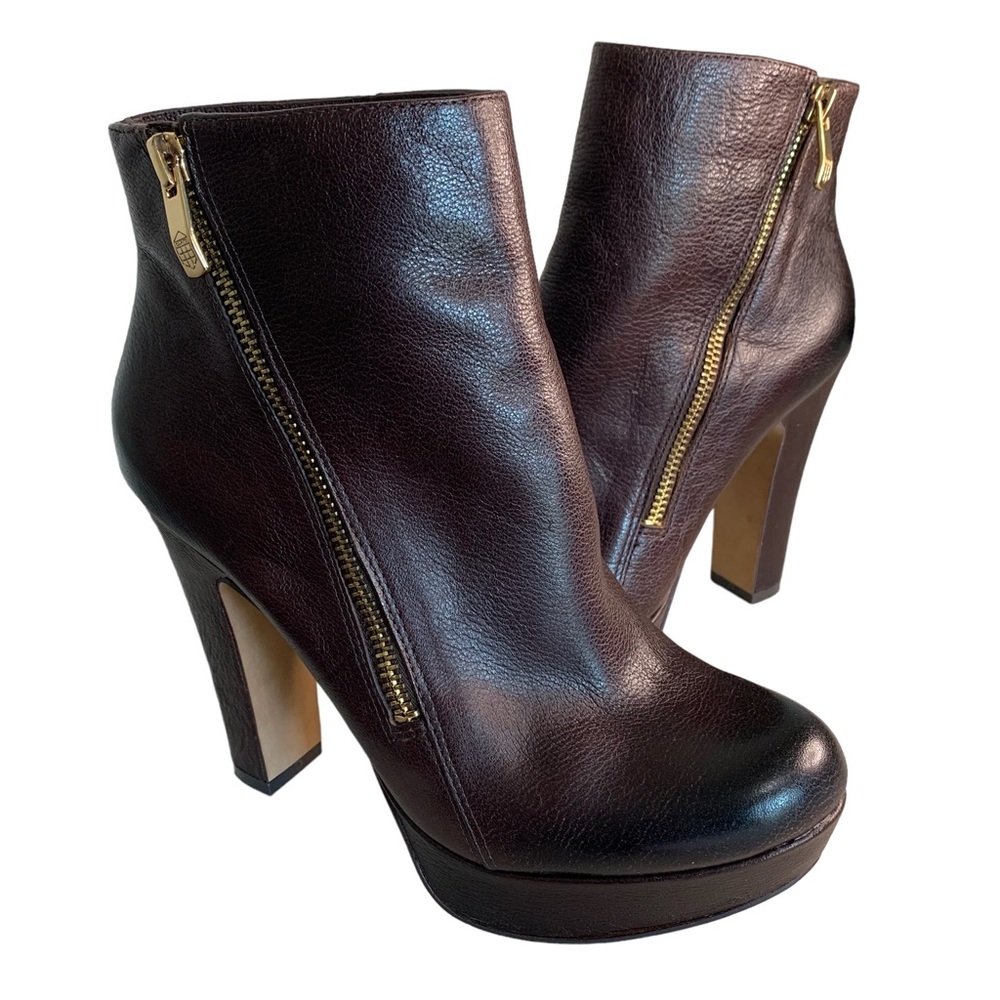 Vince Camuto Dark Brown Leather Platform Ankle Boots with Gold Zippers